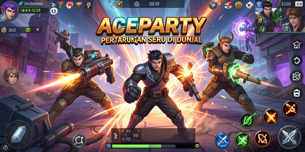 Tangkapan layar utama menunjukkan pertarungan seru antara karakter dalam ACEPARTY.