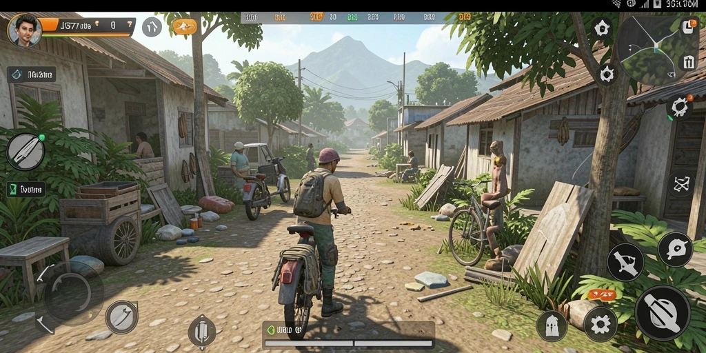 Screenshot JOS77 menampilkan karakter dalam aktivitas sehari-hari dengan latar belakang yang indah.