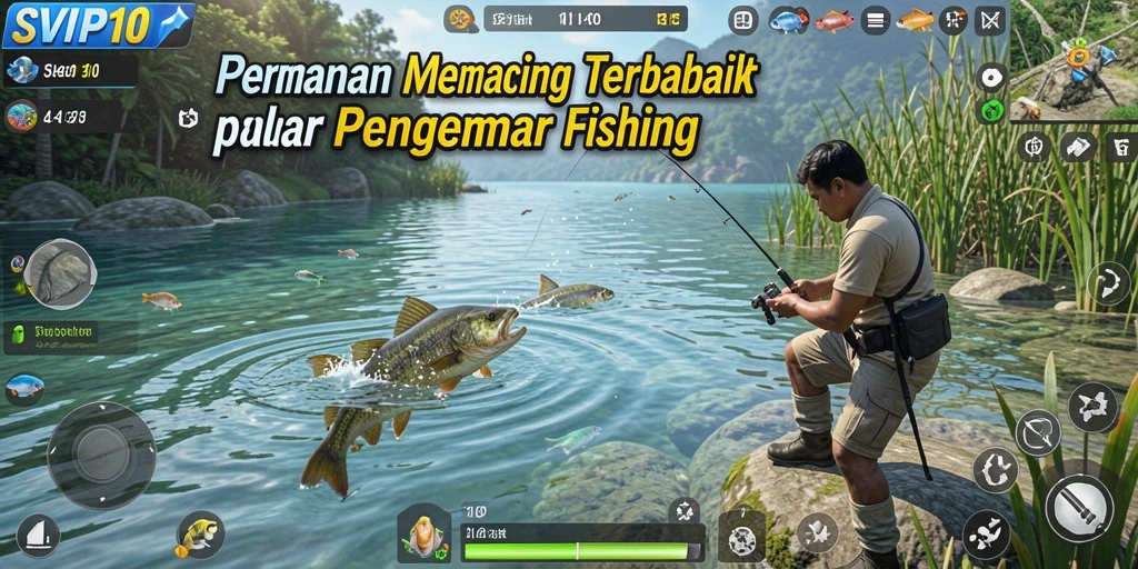 Tampilan gameplay SVIP10 dengan berbagai ikan dan lokasi memancing yang indah.